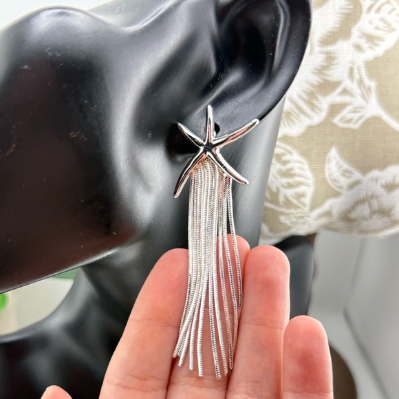 Silver Starfish Tassel Earrings – Coastal Glam - Picture 3 of 5
